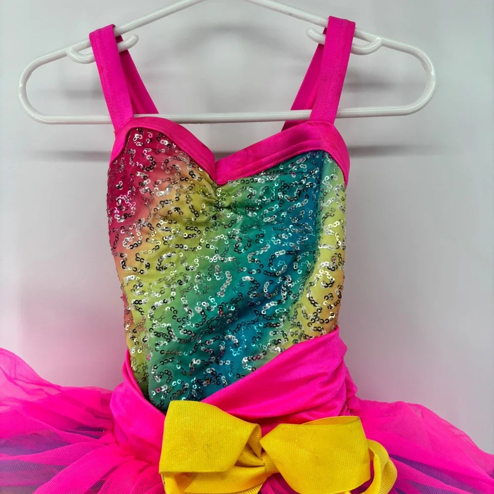 Weissman Kids Rainbow Sequin Dance Costume Tutu Leotard Neon Pink Yellow XSC